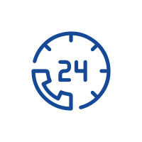 A blue and white icon of a clock with the number 2 4.