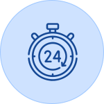 A blue icon of an alarm clock with the number 2 4.