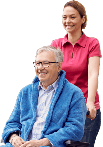 A woman standing next to an older man.