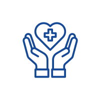 A blue icon of hands holding a heart.