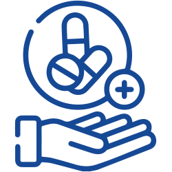 A blue icon of a hand holding pills and a pill bottle.