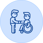 A blue icon of two people shaking hands over a wheel chair.