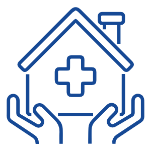 A blue icon of hands holding a house with a cross on it.