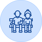 A blue icon of two people sitting on a bench