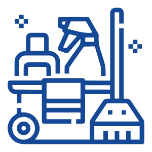 A blue icon of cleaning equipment on a green background.