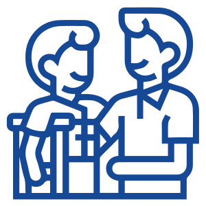 A blue line drawing of two people sitting at a table