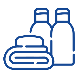 A blue line drawing of two bottles and a rug.