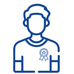 A blue outline of a person with a ribbon on their chest.