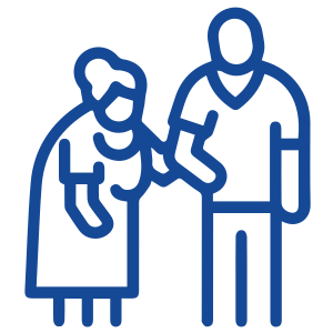 A blue line drawing of two people standing next to each other.