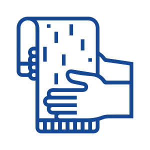 A blue line drawing of two hands holding something.