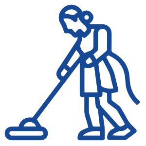 A blue line drawing of a person using a vacuum