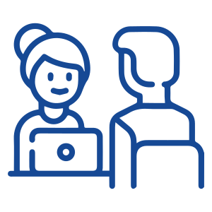 A blue line drawing of two people sitting at a table