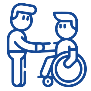 A drawing of two people shaking hands over a wheel chair.