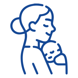 A blue drawing of a woman holding a baby