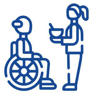 A person in a wheelchair and a woman with a cup.