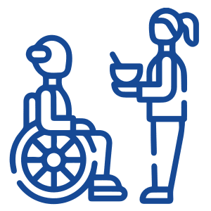 A person in a wheelchair and a woman with a cup.