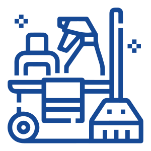 A blue icon of cleaning equipment on a green background.