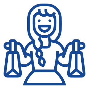 A blue drawing of a person holding two bags