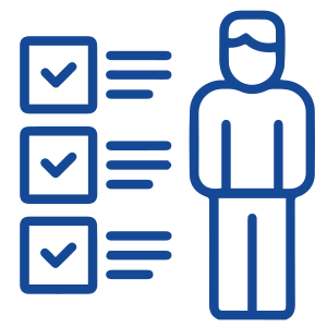 A blue line drawing of a person and three boxes.