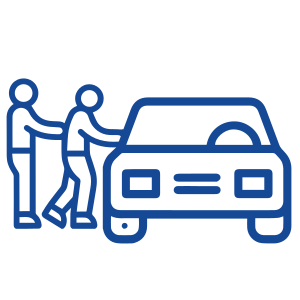 A blue line drawing of two people shaking hands over a car.