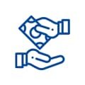 A blue icon of two hands holding money.